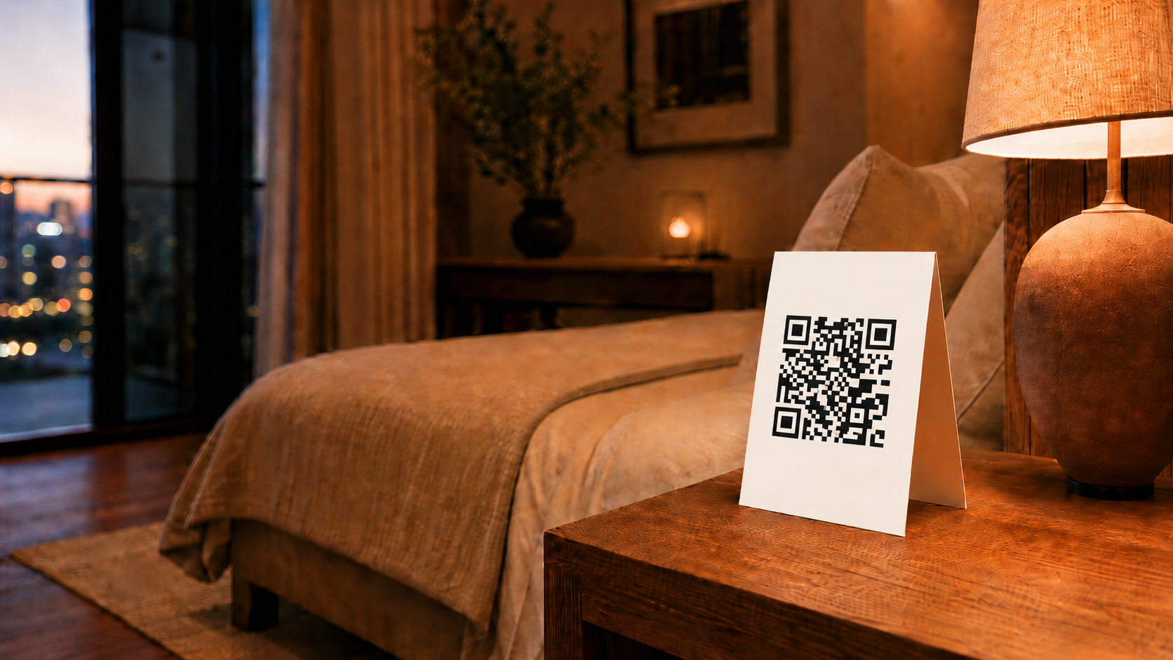 Warm accommodation room with a blank welcome card on a bedside table